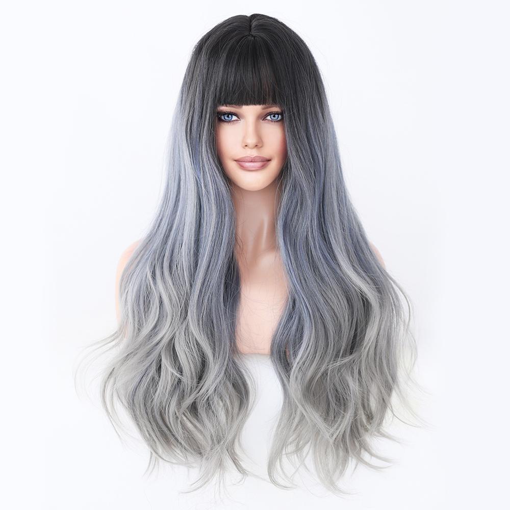 Perucas Sintéticas Longas Cacheadas Loiro com Preto Perucas de Cabelo Natural Partição Central para Mulheres Usar Para Cosplay Diário Lolita Resistente ao Calor