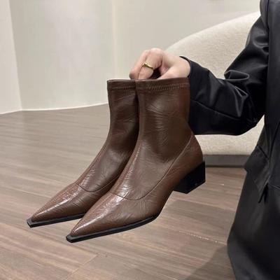 Damen Stiefeletten Leder Mittelhohe Absätze Schuhe 2025 Trend Mode Chelsea Boots Winter Walking Neu