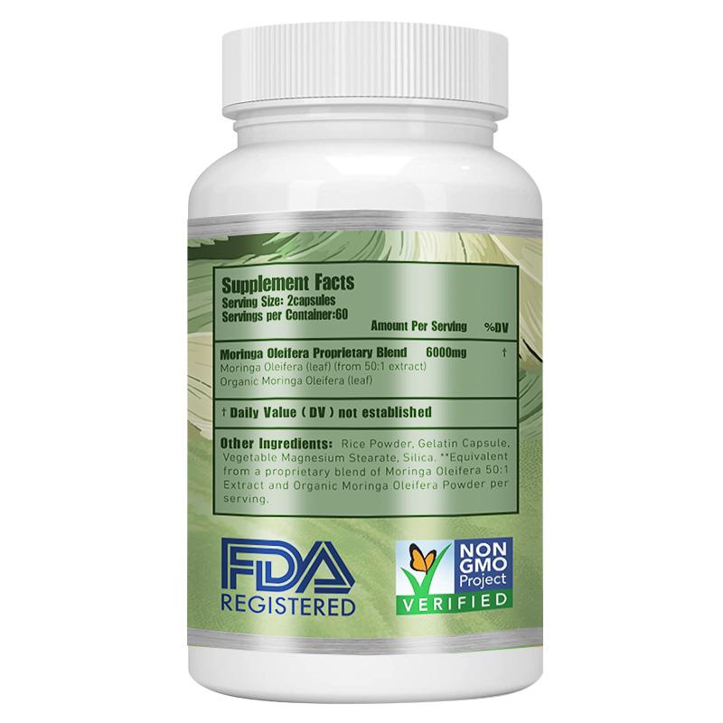 Moringa Capsules Contain 6000 Mg of Moringa Per Serving, Supporting Digestion, the Immune System, and Metabolism.