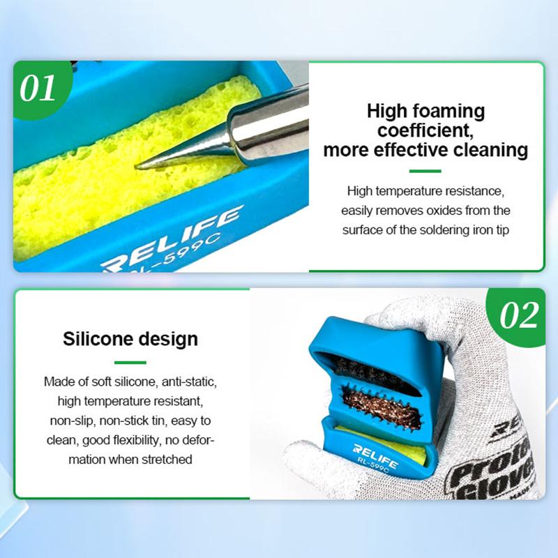 RELIFE RL-599C Solder Tip Cleaner 3-IN-1 Steel Brush/Copper Wire Ball/Sponge Welding Soldering Iron Tips Cleaning Tools
