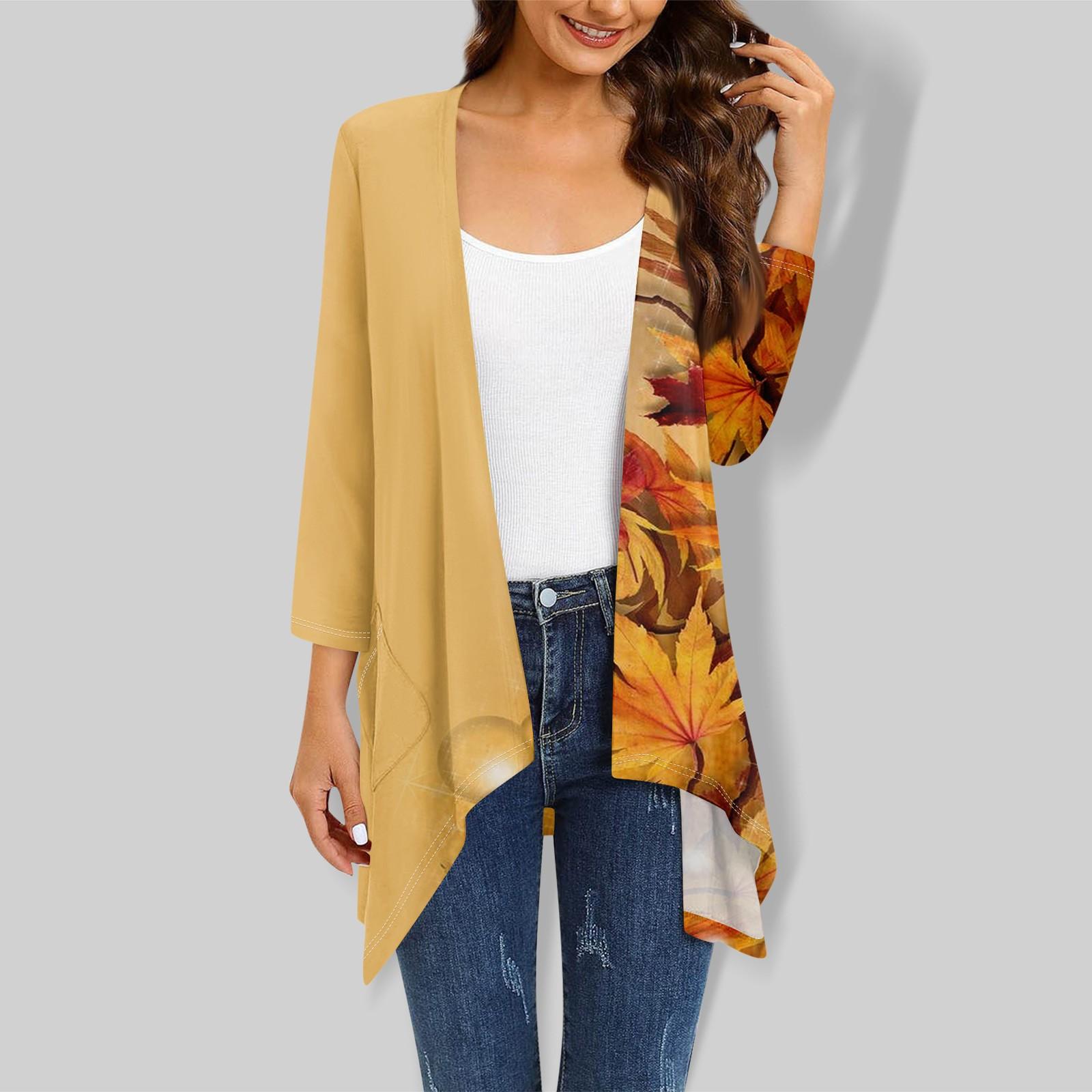 

Женский кардиган с рукавом 3/4 и принтом, вязаный легкий кардиган с открытой передней частью и карманами XL жёлтый
