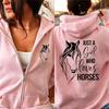 Autumn Winter Woman Zip Up Hoodies Just A Girl Who Loves Horses Print Top Funny Harajuku Streetwear Horses Lovers Sweatshirts