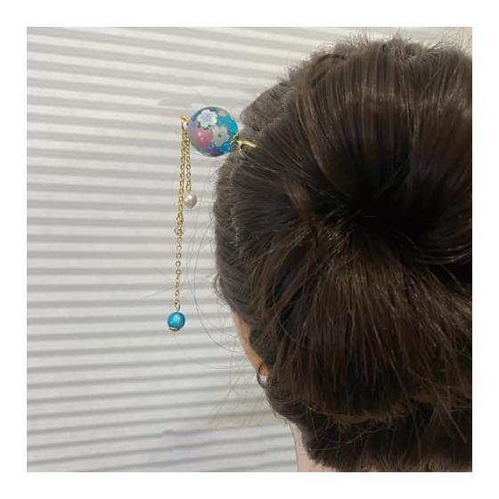 Temari Kanzashi Hairpin with Acrylic Beads, 2-Prong (Miyako Sakura Blue) - Large Transparent Acrylic Beads, Elegant & Cute Japanese Pattern,