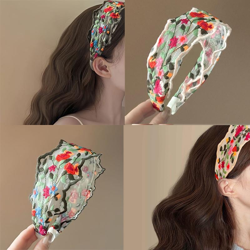 Vintage květinová vyšívaná čelenka, široká vlasová gumička s krajkovou ozdobou pro ženy