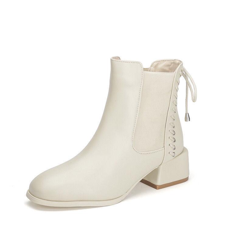 Fashion Leather Ankle Boots Women Mid Heel Chelsea Boots Autumn 2024 New Fashion Round Toe Slip on High Heel Elastic Short Boots Botines