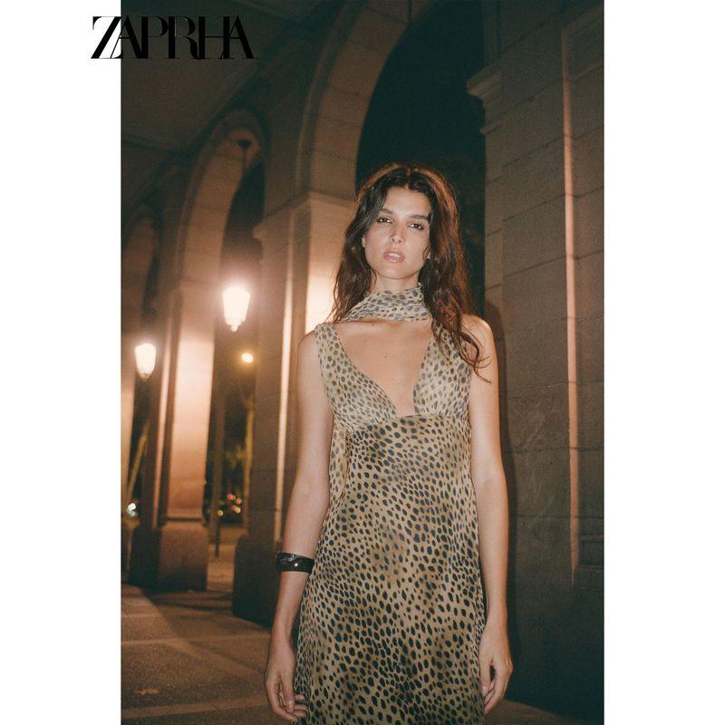 Zaprha 2025 Autumn New V-neck Wide Shoulder Strap Animal Pattern Print Scarf Mid-Length Dress 8692114