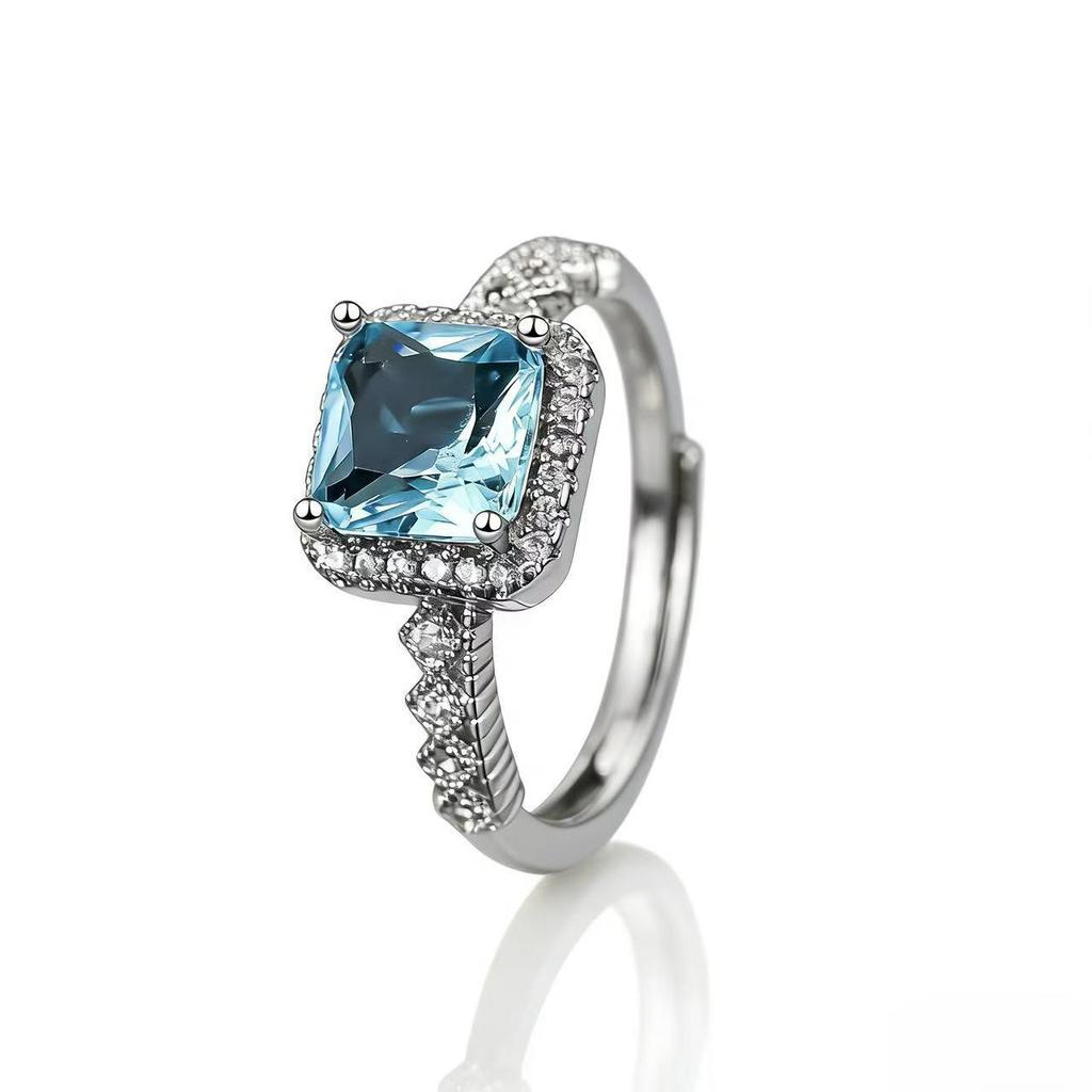 Blue Sugar Cube Women's Adjustable Open Ring - Four-Claw Inlaid Design, Fashion Light Luxury