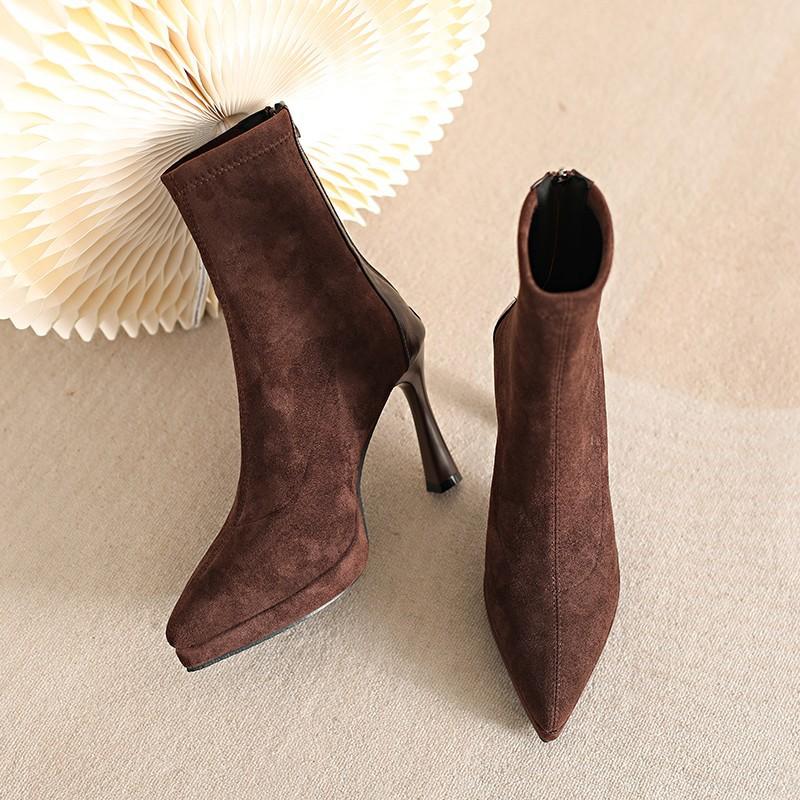 Winter Pointed Suede High Heel Fashion Boots Women's Thin Retro Thin Heel Elastic Thin Boots