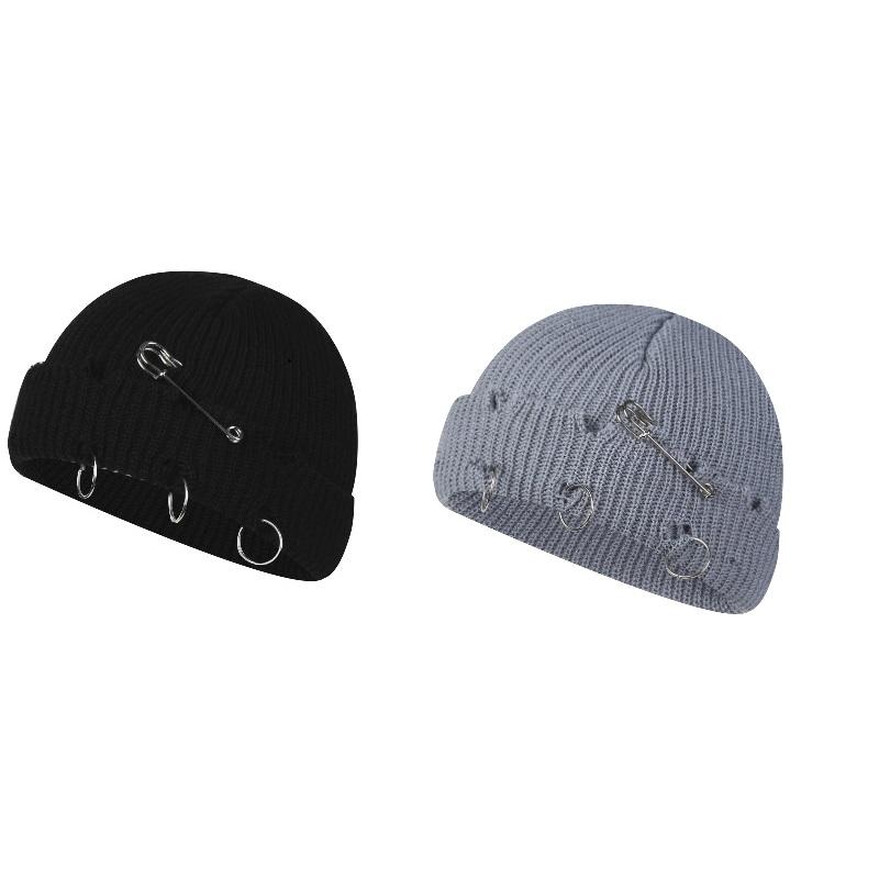 Women Girls Y2k Gothic Beanie Winter Knit Hats Trendy Metal Rings Pin Hip Hop Streetwear Harajuku Skull Cap Emo Scene Grunge