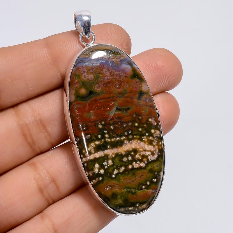 

Dazzling Top Grade Qualite 100% Natural Ocean Jasper Oval Shape Ethnic Style Handmade Jewelry 925 Steling Silver Plated Pendant 2.4 WSJ4957 2.4