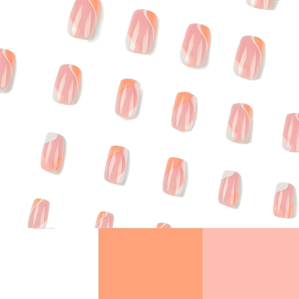 Wearable nail orange and white splicing diagonal French wearing nail pink and white contrasting color wave finished nail nails