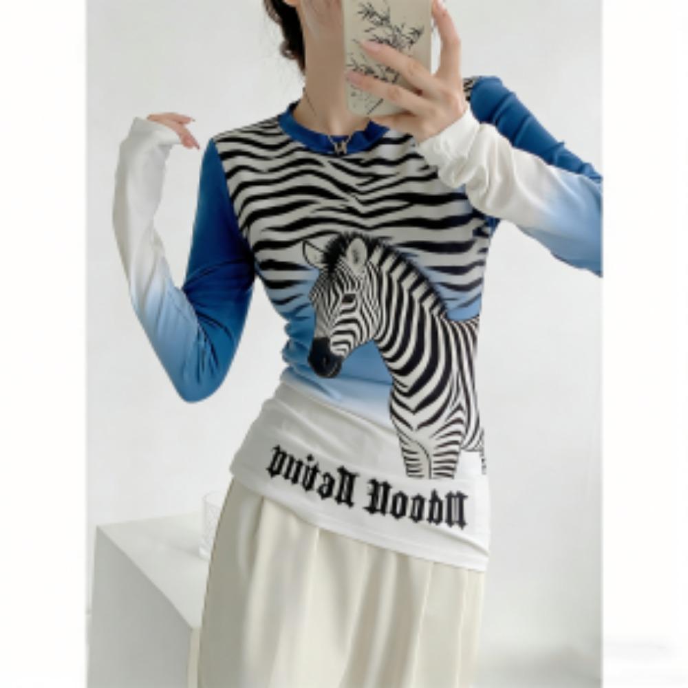 Frühling Bohème Stil Zebra Muster Mode Damen T-Shirt Pullover Damen Langarm Kleidung Outdoor Lässig T-Shirts Oberteil