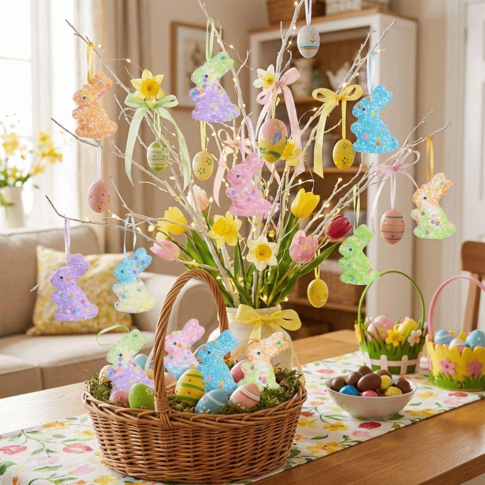 6Pcs Colorful Sequin Bunny Ornament Animal Mold Easter Tree Pendants Rabbit Figurine  Spring Party