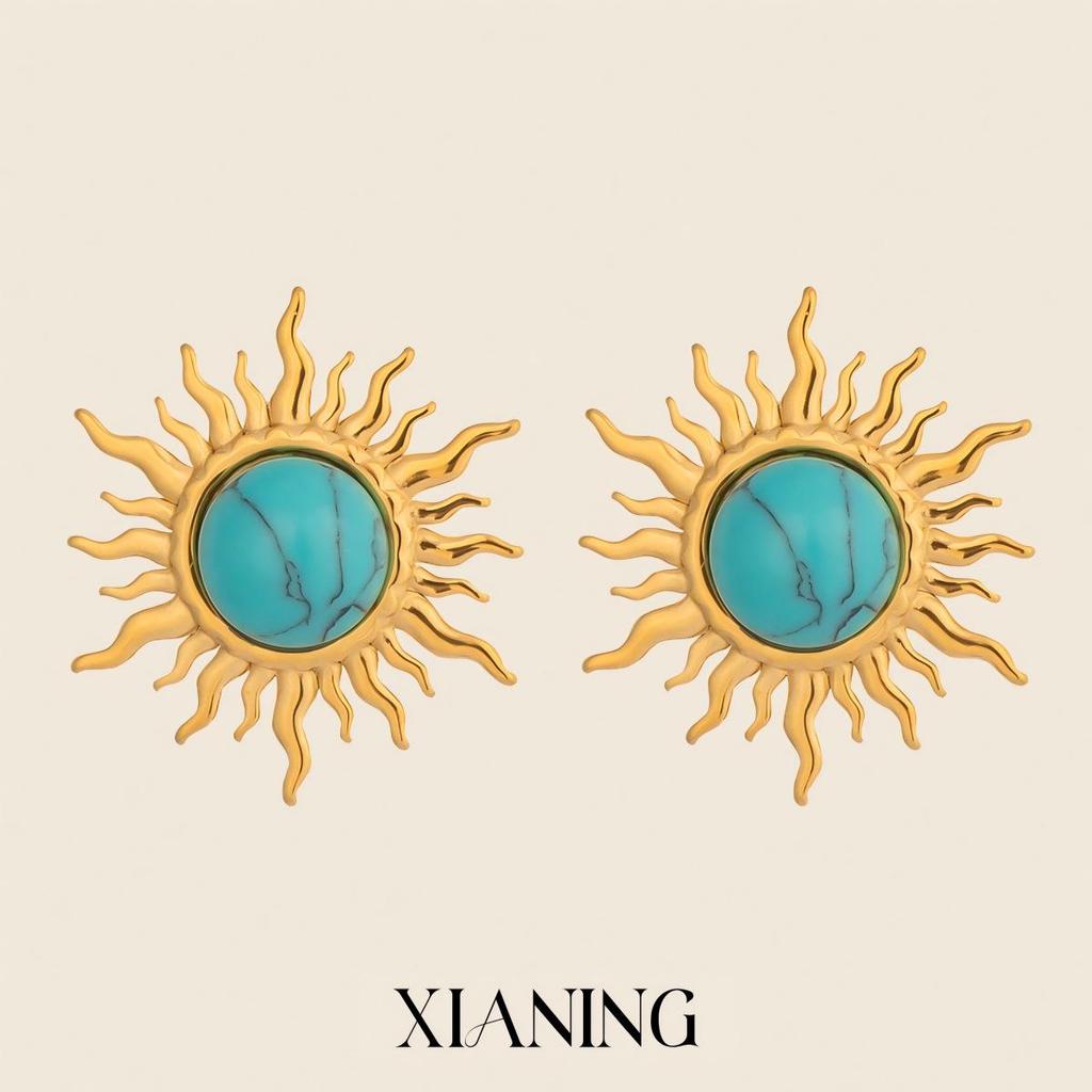 Xia Ling Retro Blue Cat's Eye Sun Stud Earrings & Open Ring, 18K Gold-Plated Stainless Steel, Non-Fading Jewelry