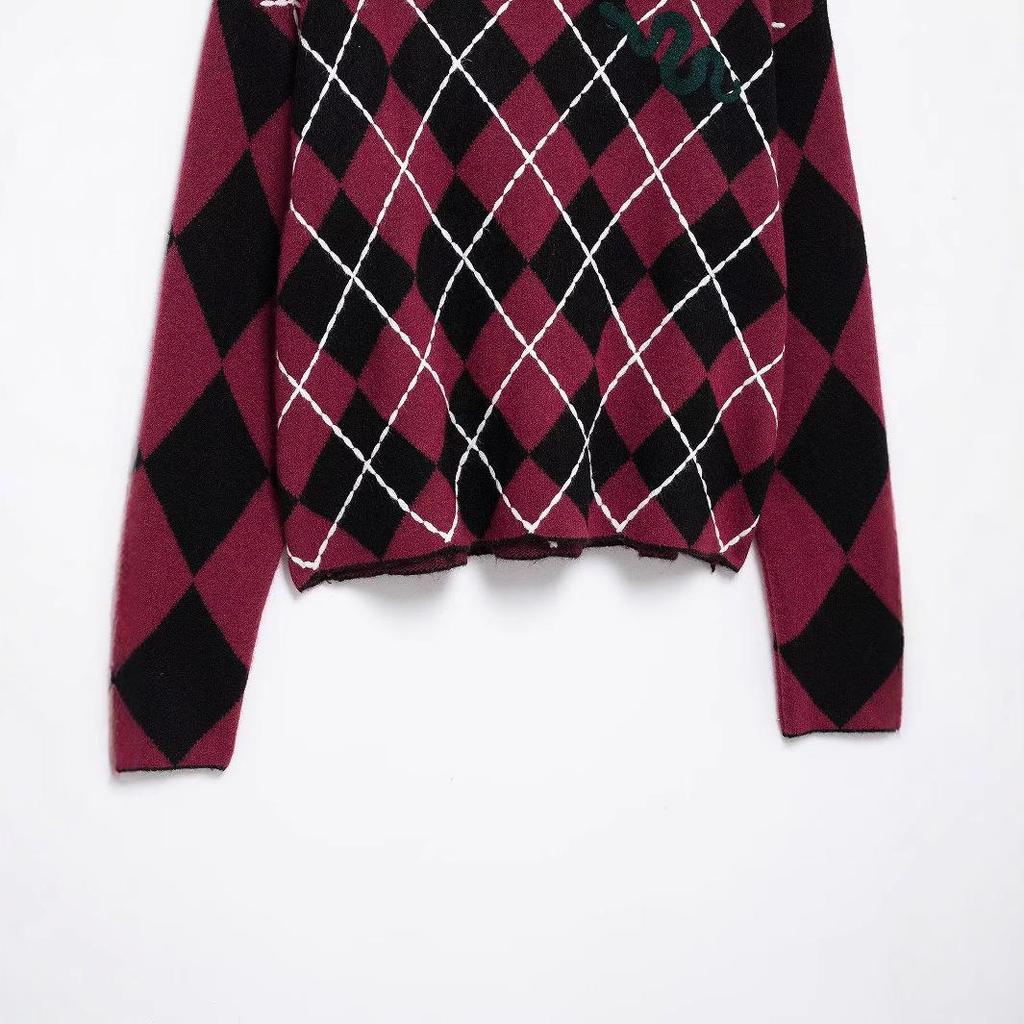 2025 Spring Women's European & American Style Diamond Pattern Knitted Sweater