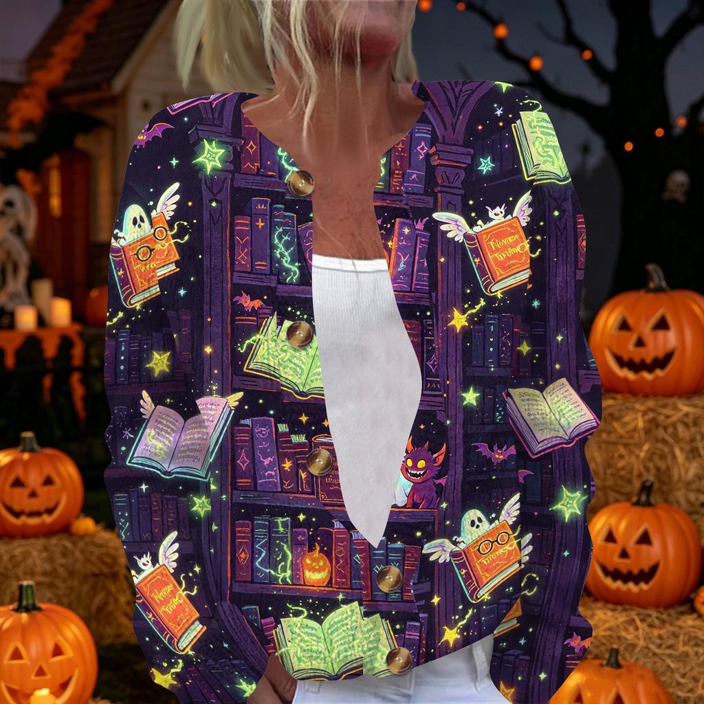 Women's Halloween Print Long Sleeve Knit Cardigan Button Up Sweater Coat Lightweight Comfortable Fit Seasonal Outerwear