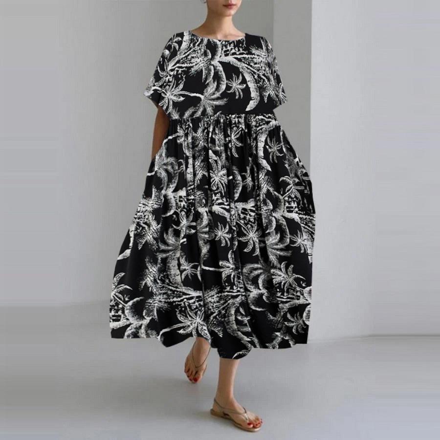 Cotton Linen Vacation Pattern Maxi Dresses Summer Holiday Travel Vintage Round Neck Short Sleeve Dress Women