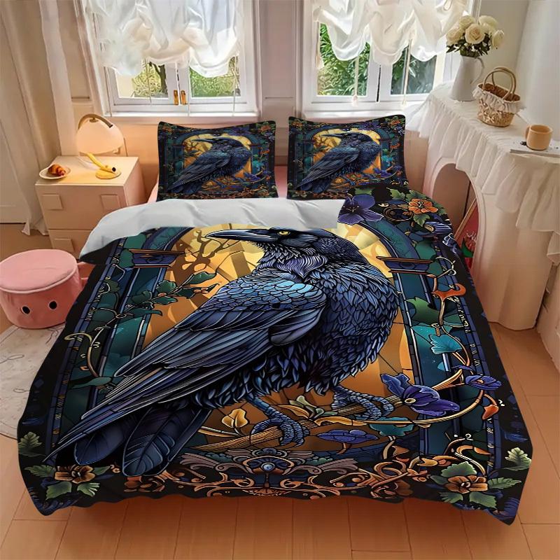 3pcs Stained Glass Raven Duvet Cover Set, 1 Duvet Cover + 2 Pillowcases (No Insert), High-Definition Print, Home & Dorm yy251123005
