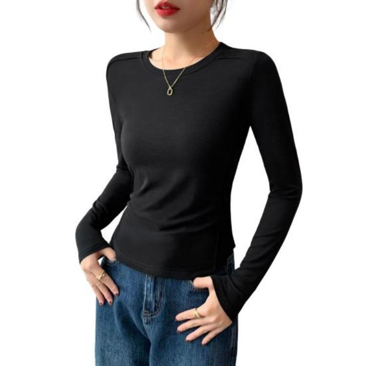 Soft Elastic Pullover Tops Women Long Sleeve Round Neck Slim Fit Base Shirt Solid Color Daily Wear Tops