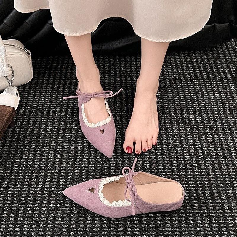 

Баотоу кружевные на плоской подошве с острым носком полушлепанцы женские для улицы с внутренней высотой, увеличивающей рост, ленивые одинарные туфли 40 фиолетовый