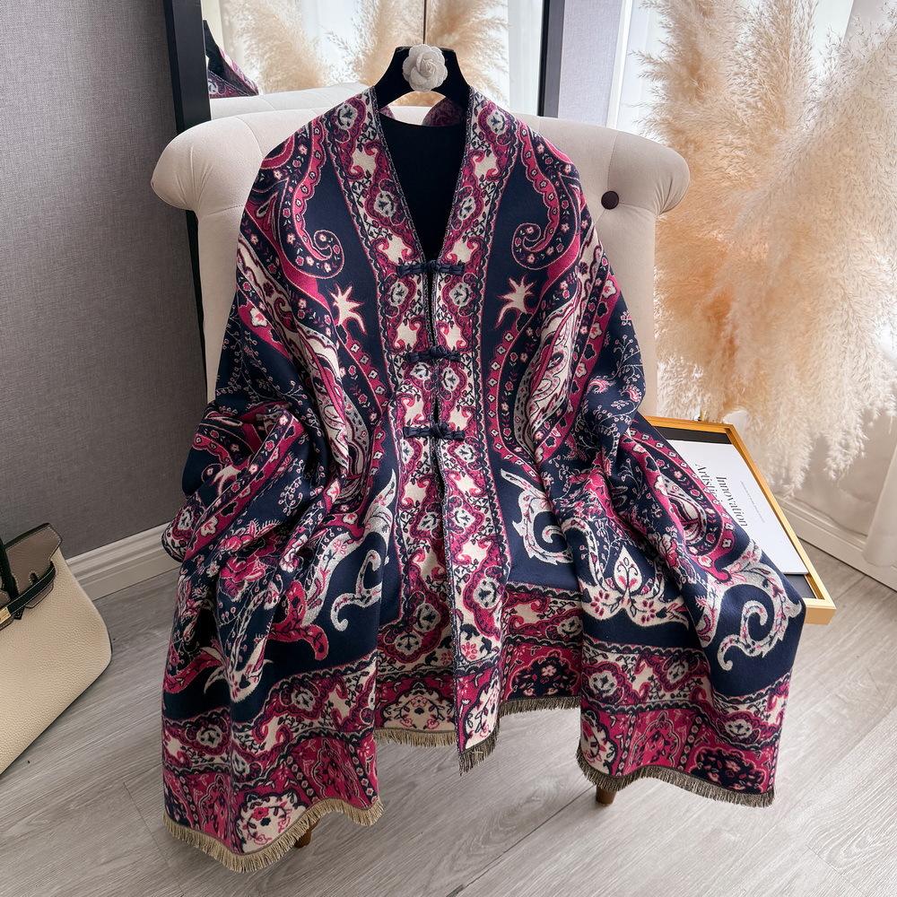 Vintage Ethnic Paisley Blanket Cape Coat Reversible Tassel Cashmere Shawl Women Warm Oversized Travel Wrap Poncho Scarves 185x68cm