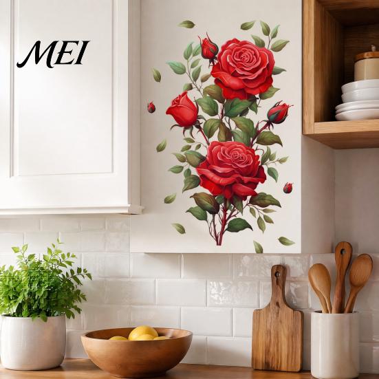 Easy Application Flower Wall Decor Red Rose Sticker, Watercolor Floral Peel and Stick Decal for Creative Soft Decoration Gifts Living Room Bedroom,