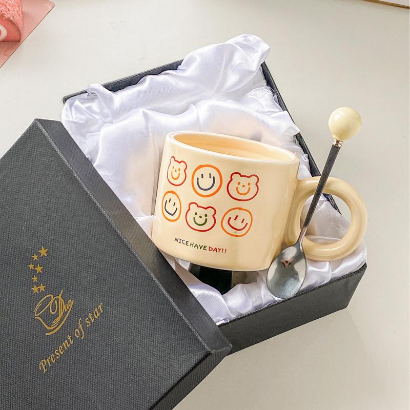 Bear Mug Girl with High Looking Ceramic Cup with Spoon Office Cute Coffee Milk Breakfast Cup