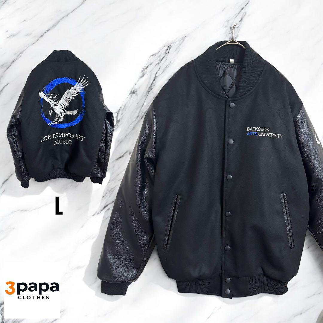 

[USED] Overseas Exclusive Korean University Stadium Jacket, Embroidered, Black, Sizes M-L