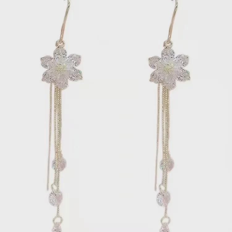White Rhinestone Tassel Flower Earrings: Elegant Fairy Five-Petal Design