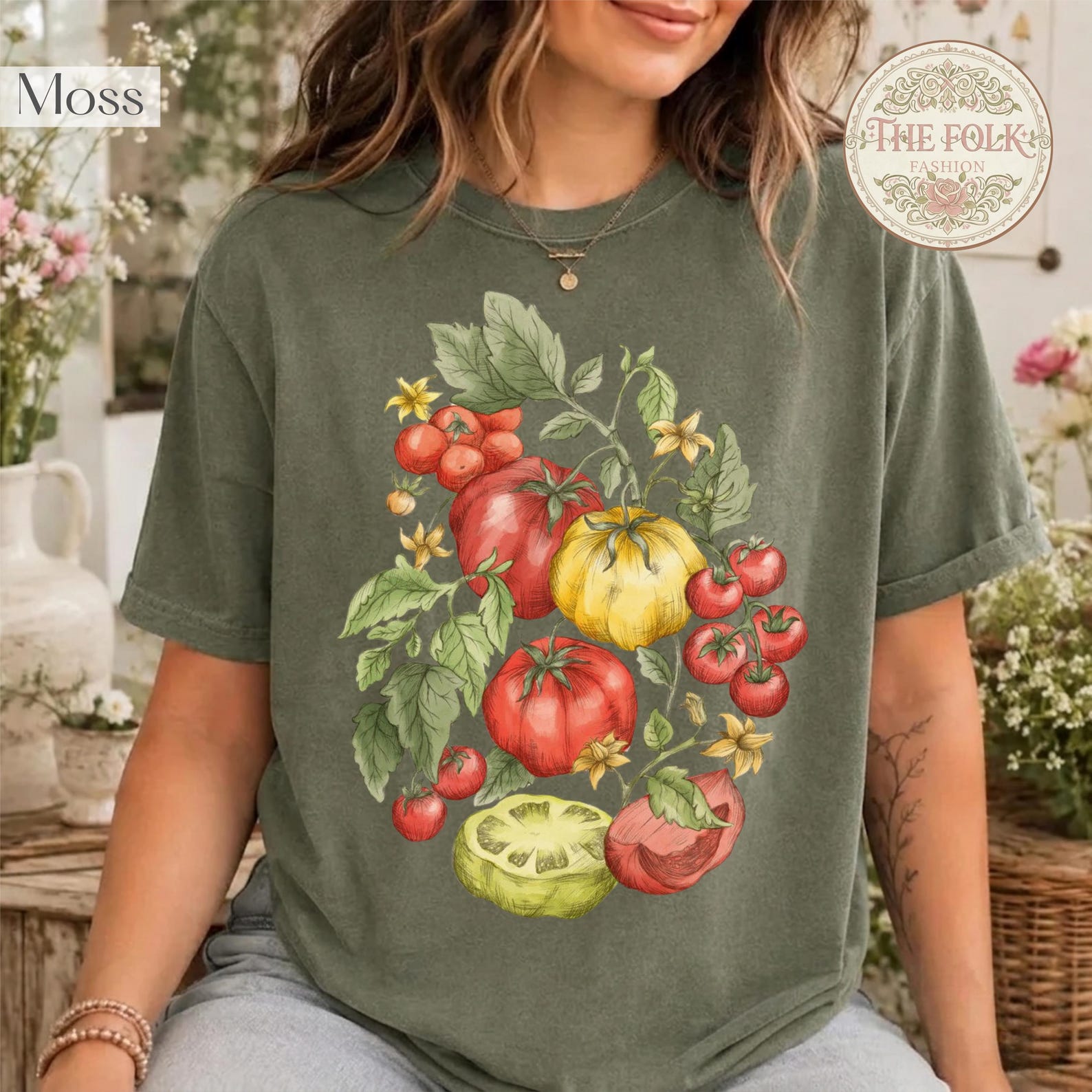 Tomato Garden Shirt, Vintage Botanical Tee, Cottagecore Vegetable T-shirt, Comfort Colors Moss Tee, Retro Plant Graphic Shirt, Gardener Gift 2XL