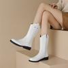 Women Mid Calf Boots Round Toe Platform Flats Zipper Western Boots Ladies Fashion Shoes Autumn Winter Black White Brown