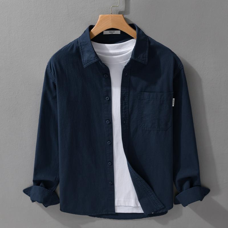 

Весенние и летние рубашки с длинным рукавом для мужчин, повседневная однотонная повседневная рубашка с воротником-лацканами из 100 хлопка на пуговицах, простая мужская одежда 3XL темно-синий