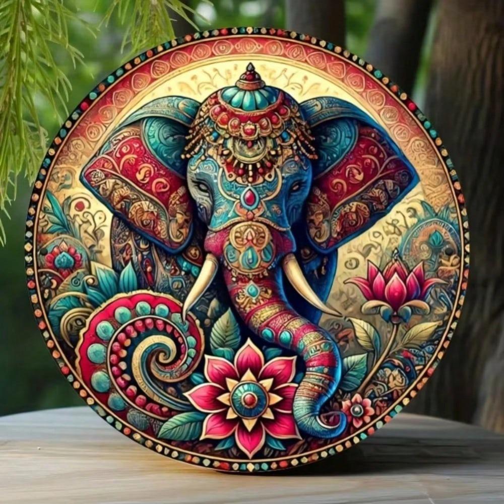Vintage Ivory Elephant Mandala Metal Sign Wall Art Decor 20x20
