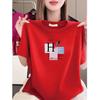 Women's Black Short-Sleeve Summer T-Shirt - Loose Fit, Slimming, Letter Print, Age-Reducing
