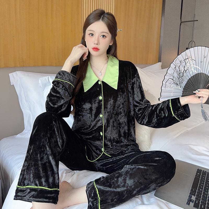 Women's French Luxury Pajama Set: Gold Velvet Long-Sleeved Top & Pants for Autumn/Winter