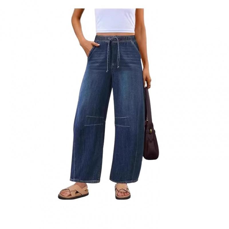 2026 New Spring/Summer Casual Washed Loose Wide-Leg Jeans for Women with Tie-Waist