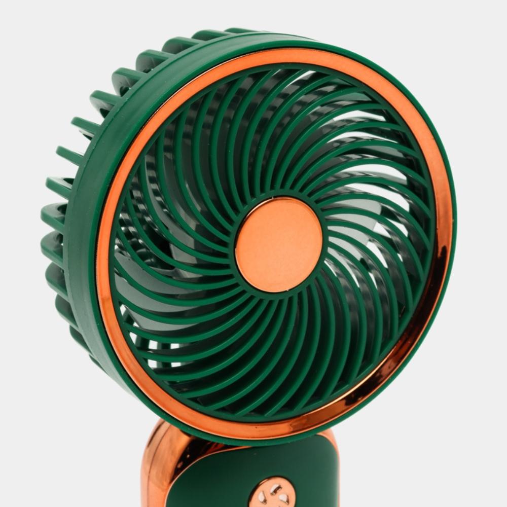 Mini rose gold pocket fan with USB rechargeable battery and stand