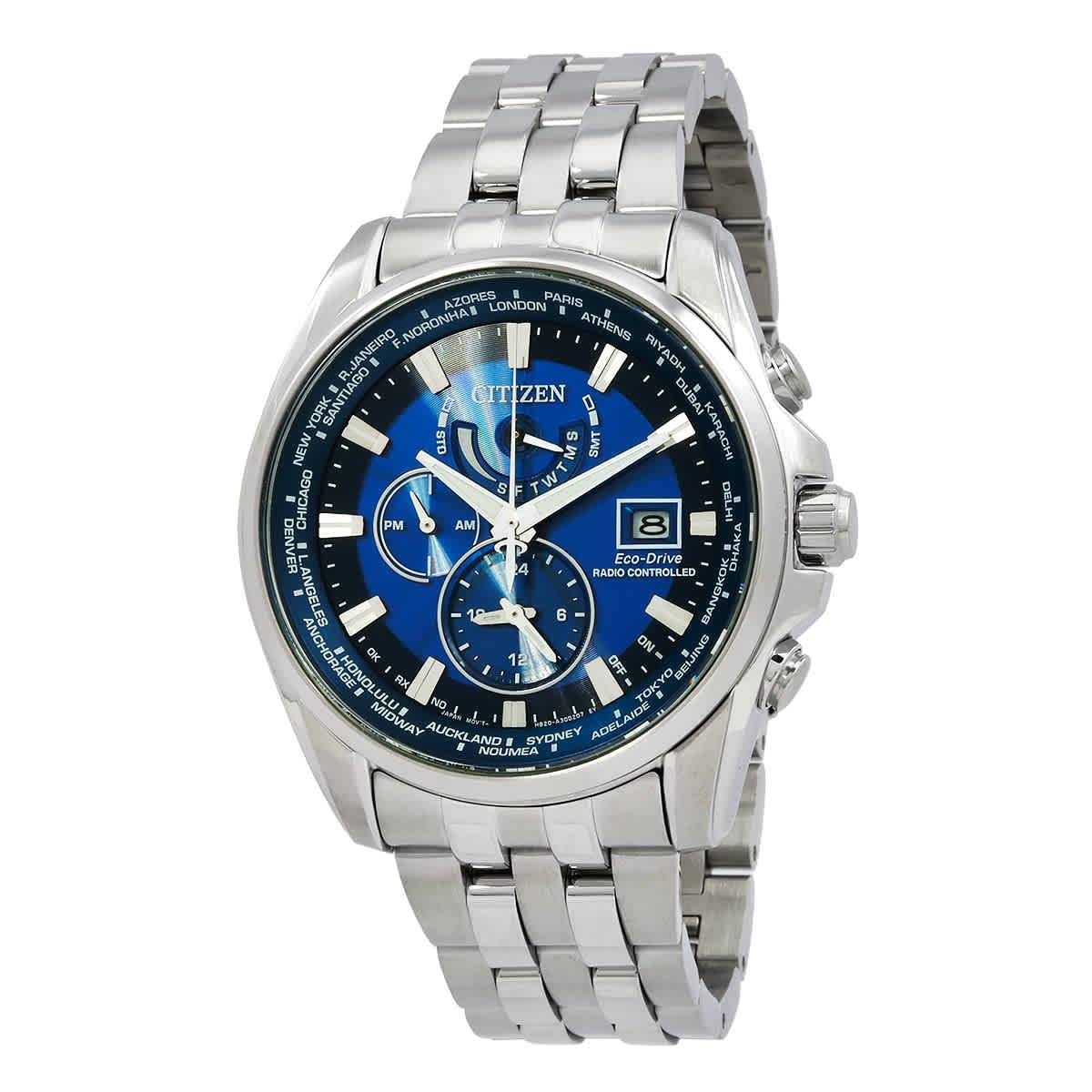 

Citizen Perpetual Alarm World Time GMT Blue Dial Watch Eco-Drive Men s AT9120-89L