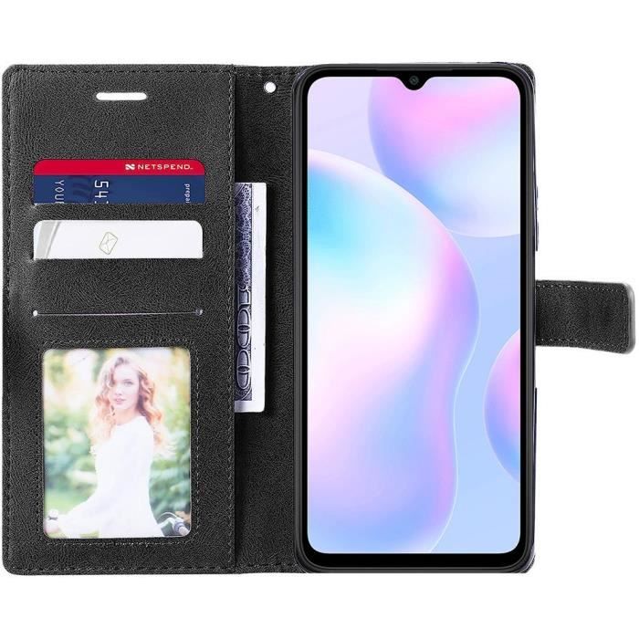 Coque et Verres Trempés - Xiaomi - Redmi 9A - Bleu Marine - Effet Cuir - Souple