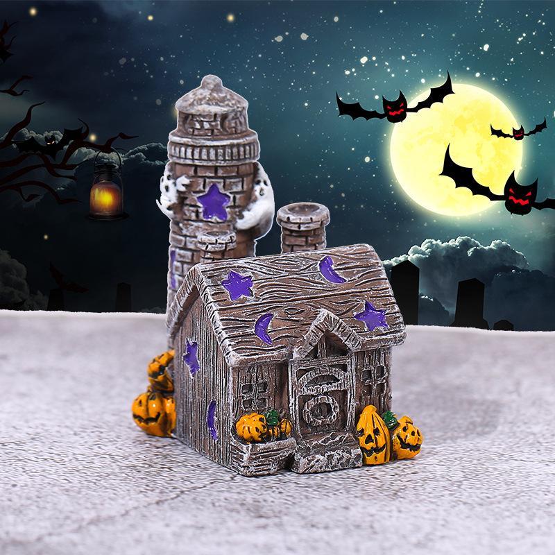 Halloween Spooky Haunted House Resin Figurine With Ghost Pumpkin Details Mini Ornament For Diy Micro Landscape Desktop Decor