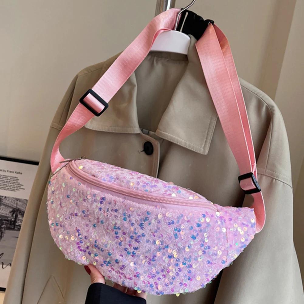 

Sequin PU Leather Chest Bag for Women Trendy Crossbody Bag Sling Banana Bag Shiny Shoulder Bag Phone Waist Bag Handbags Purse 32x15x10cm розовый
