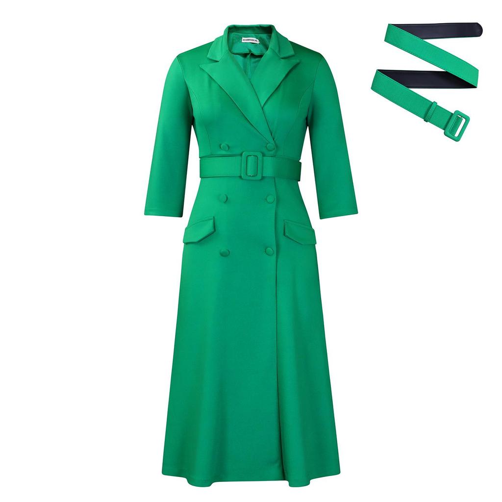 Women's Double-Breasted Suit Collar Solid Color Mid-Length Dress