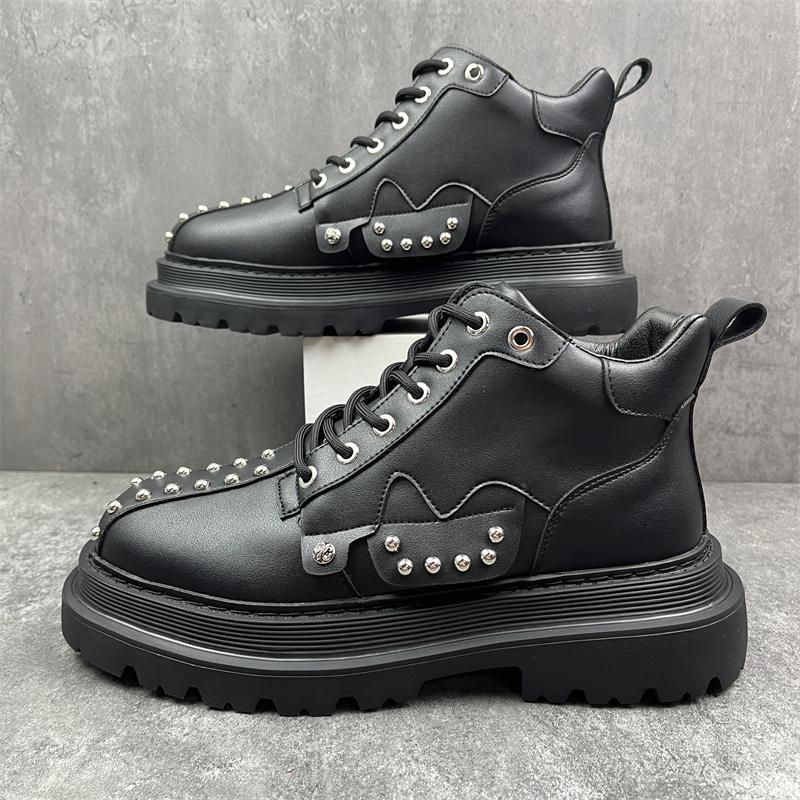 

Весенние и осенние модные заклепки повседневные британские высокие мотоциклетные ботинки удобные и теплые зимние мужские ботинки 38 чёрный