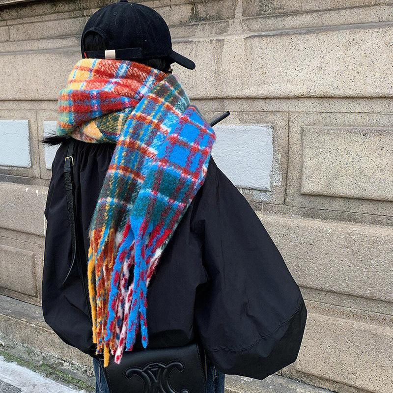 Korean Version of Autumn and Winter Rainbow Plaid Imitation Cashmere Scarf for Female Students Couple Mohair Warm Scarf Long Shawl