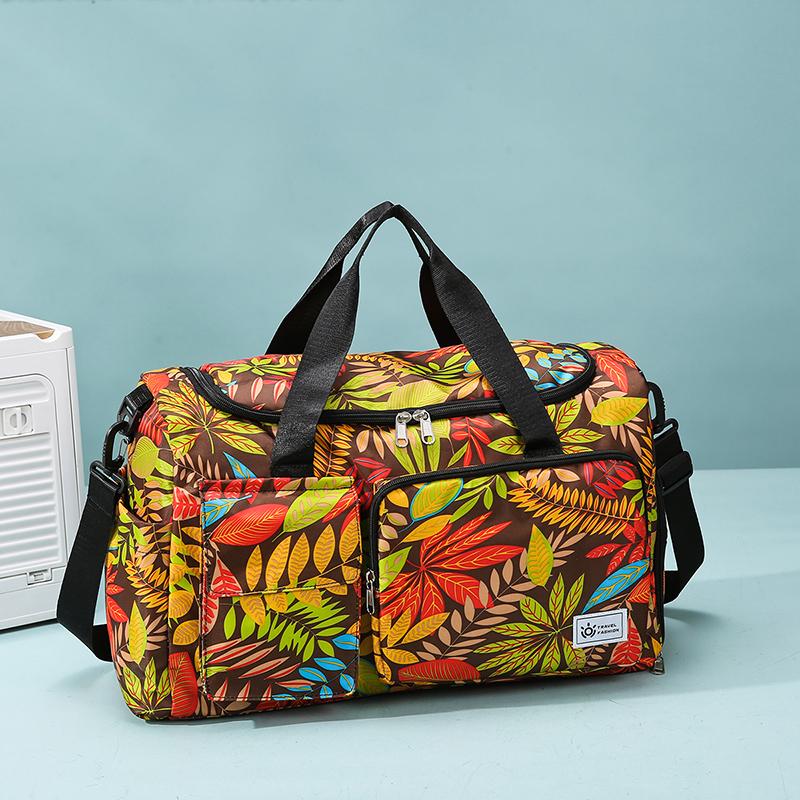Oxford Fabric Travel Duffel Bag with Leaf Print Multiple Pockets Waterproof Gym Weekender Bag