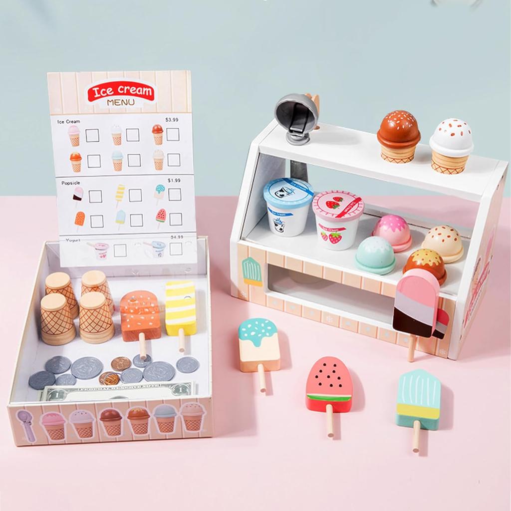 Wooden Ice Cream Counter Playset for Toddler Toy Montessori Kitchen Pretend Play Toy Kitchen Accessories Kids Role Playing Games