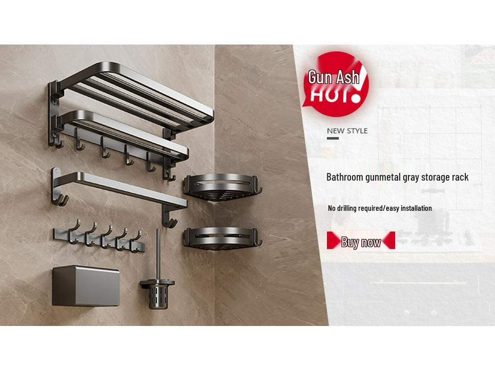 Gunmetal No-Drill Bathroom Towel Rack and Shelf Combo