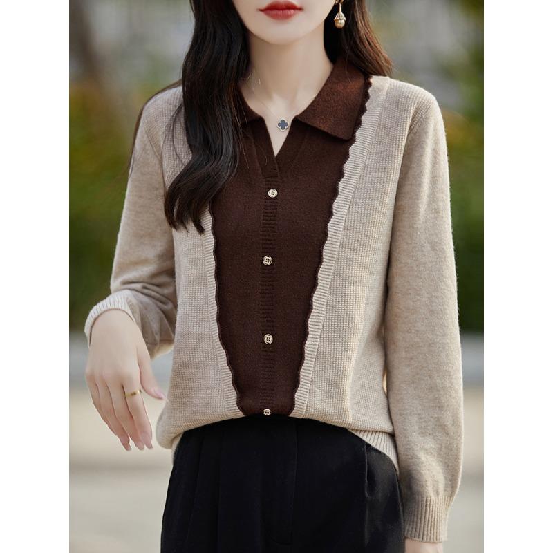 

Autumn fake two-piece contrasting color splicing knitted sweater women s lapel top new spring and autumn outer sweater women M