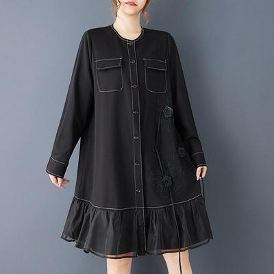 Long Sleeve Plus Size Vintage Black Floral New In Dresses for Women Casual Loose Midi Spring Autumn Dress