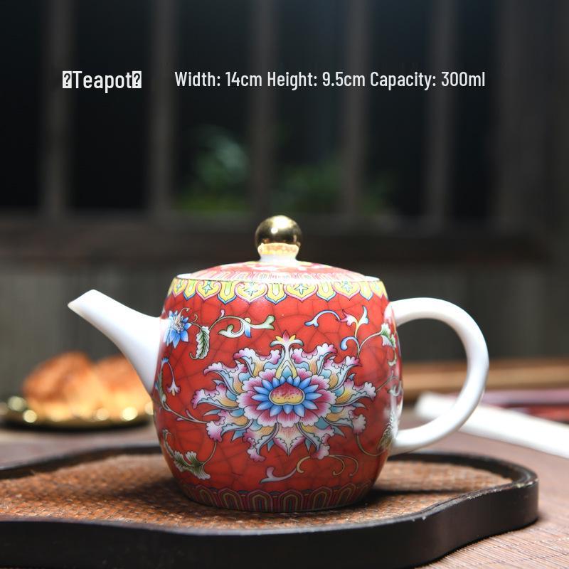 Enamel Color Ceramic Tea Set with Hand-Painted Floral Design, White Porcelain Kung Fu Brewer with Handle